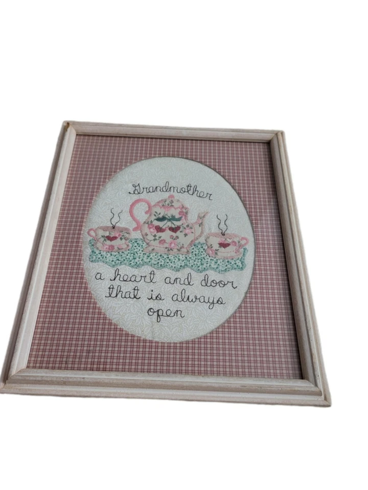 Antique 1995 Embroidery Cross Stitch Pattern Teacup Coffee Pot in Wood Frame 11" - Image 4 of 4