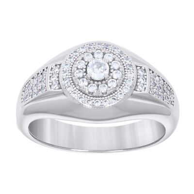 925 Sterling Silver Round Cut CZ Men's Cluster Domed Pinky Ring | Sizes 8 to 11