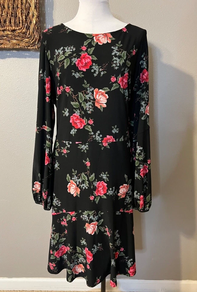 Vestido American Living 16W Negro Rosa Manga Larga Carrera Iglesia NUEVO Lavable Foto 4 de 4