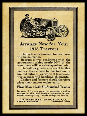 1917 Interstate Tractor Co. NEW Metal Sign: Plow Man 15-30 Model- Waterloo, Iowa