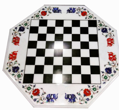 18" Marble Chess Table Multi Color Semi Precious Stone Inlay Art Handmade Decor