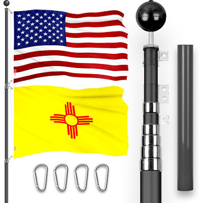 20 Ft Telescoping Flagpole Black & American and New Mexico Flags Emb 300D 3x5Ft