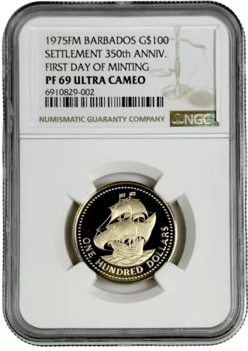 1975 Barbados $100 Settlement Anniv First Day of Minting Gold Coin NGC PF 69 UC