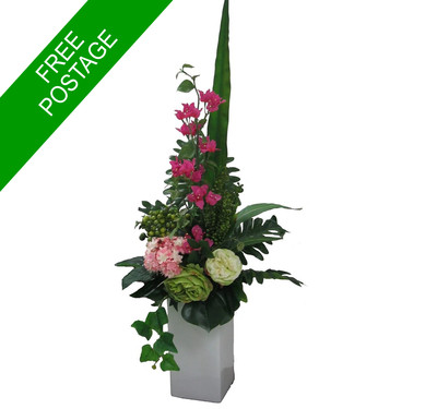 Artificial Flower Arrangement Green And Pink Tall Vase