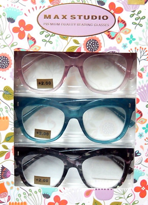 MAX STUDIO PREMIUM 3-PACK READING GLASSES READERS  +2.00 NEW AUTHENTIC