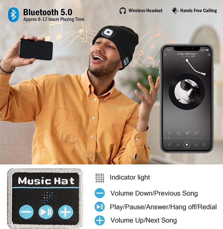 Bluetooth 5.0 LED Beanie Hat with Music Speakers Mic Rechargeable Cap Head Light - image 2 of 4