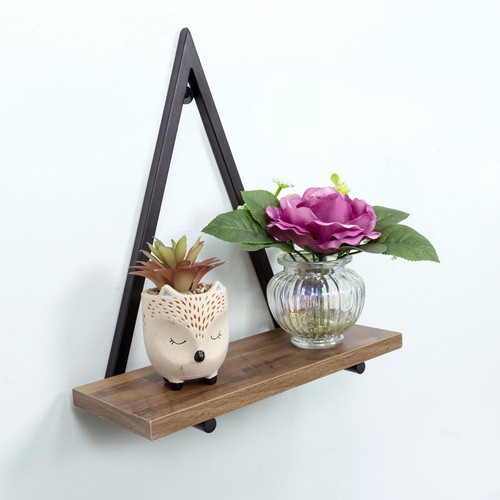 Stylish Dark Oak Triangle Wall Shelf Black Metal Frame Modern Storage Solution - Picture 2 of 8