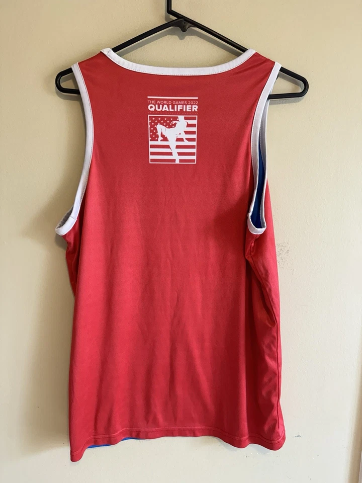 Camiseta deportiva Combat Corner CRNR EE. UU. MUAY THAI "USMF" para hombre PEQUEÑA reversible roja azul Foto 4 de 4