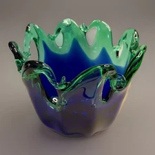 Vintage Murano Art Glass Large Cobalt Blue Green Sommerso Wave Centerpiece Bowl