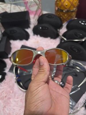 Oakley Men s Oval Sunglasses Silver Metal Frame Orange Mirrored Lenses w/ Case