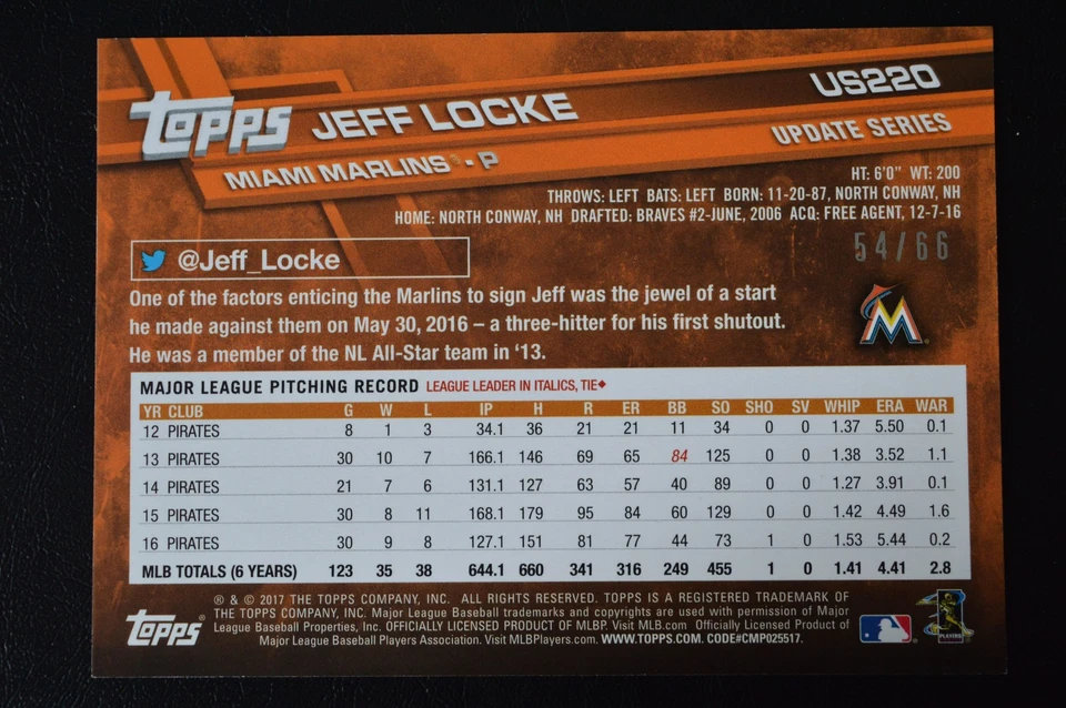 2017 Topps Update Black Parallel JEFF LOCKE /66 - Image 2 of 2