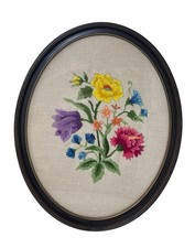 MCM Botanical Embroidery Oval Frame Crewel Floral Wall Art Needlepoint Vtg