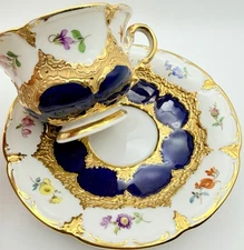 Antique Meissen Cobalt Blue Gold Floral B-Form Demitasse Cup & Saucer; Teacup
