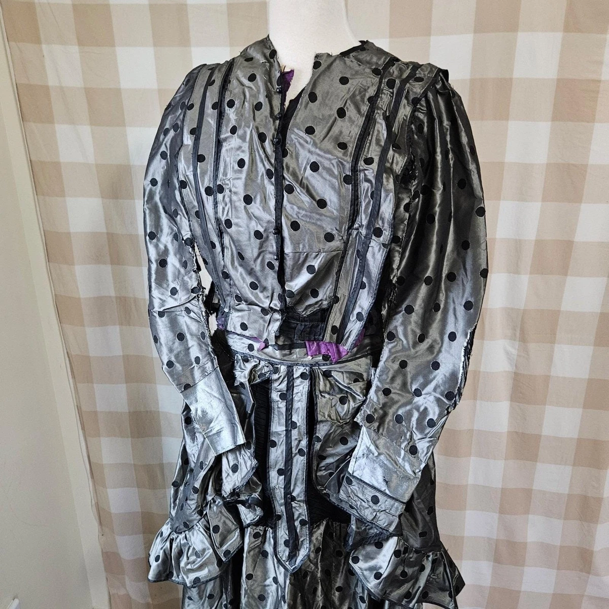 Antiguo Corsé Vestido de Día Victoriano Años 1870 Negro Plata Seda Tafetán 2 Piezas M