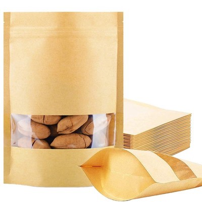 100 Pcs Resealable Stand Up kraft Bags with Window for Packaging Products, Re...