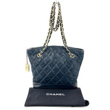 CHANEL Vintage Lambskin Quilted Shoulder Tote Bag Black Gold Chain Italy