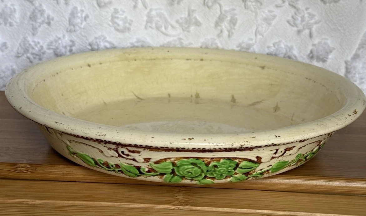 Vintage 1930s Oven Serve Homer Laughlin Ivory Floral Embossed Pie Dish 9 Inch