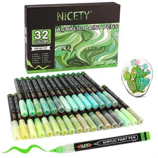 32 Colors Acrylic Paint Markers Paint Pens Brush Tip Water-Based Acrylic Mark...