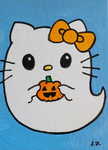 Hello Kitty Ghost Halloween ATC ACEO ORIGINAL HAND PAINTED OOAK Suzanne Foster 