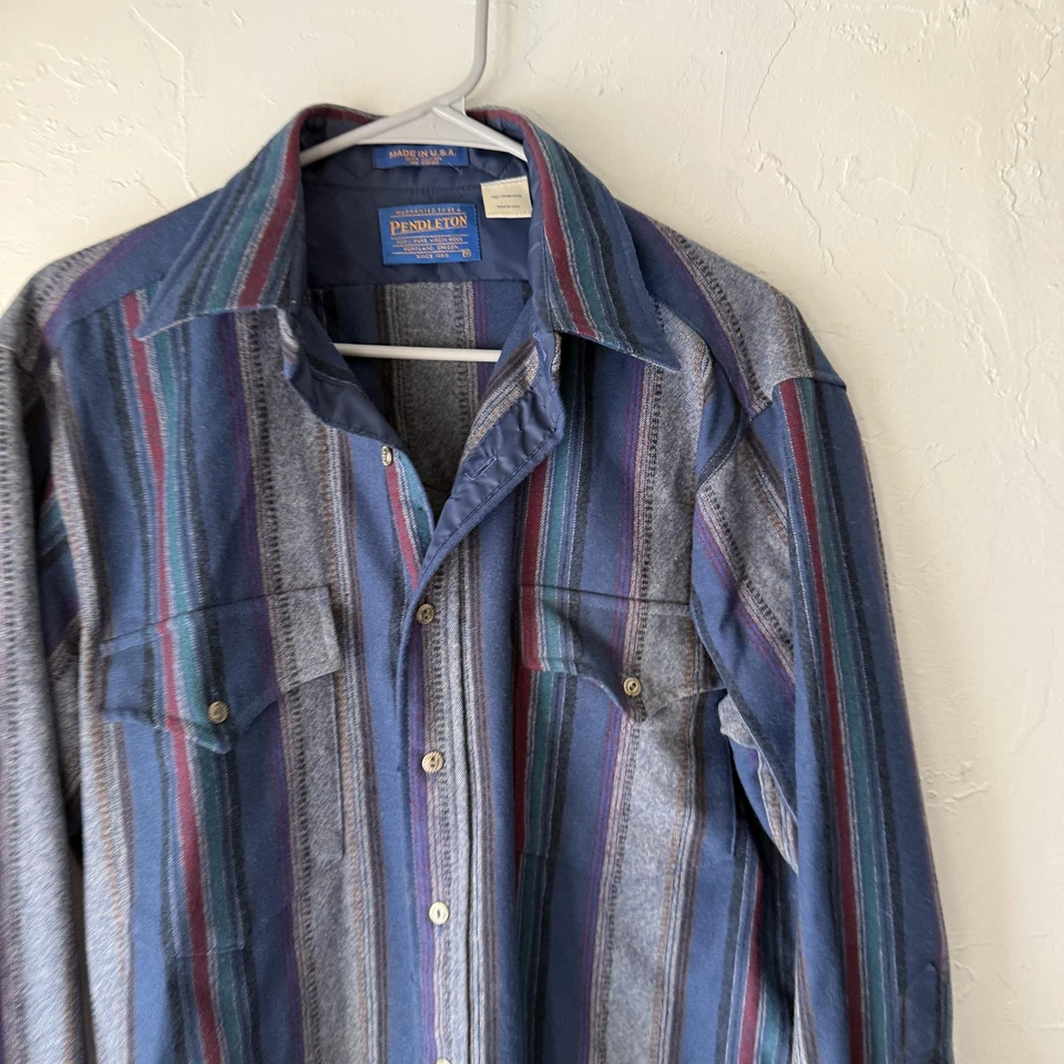 Vintage Pendleton Shirt Mens Medium Blue Stripe Wool Western USA Flannel 90s - Image 3 of 4