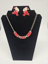 Beautiful Red And Gold Tone Necklace W/ Santa Eearings