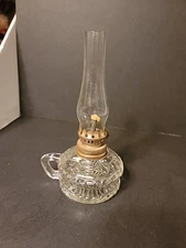 Antique Clear Glass Miniature Finger Oil Lamp W/ Burner And Clear Chimney Shade