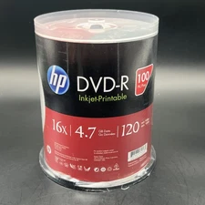 100 HP  DVD-R DVD 16X Blank 4.7GB White Inkjet Printable Disc Spindle Cake Box