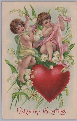 Valentine Greeting, Two Cherubs on a heart, Cupid-Embossed - 1908