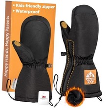 Waterproof Kids Snow Ski Mittens with Long Zipper Cuff, X-Small 4-6Y Black