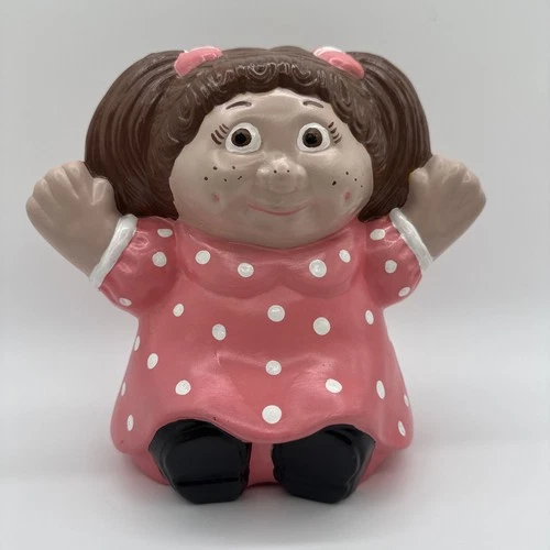 Vintage 80s Cabbage Patch Kids Ceramic Girl Figurine Pink Polka Dot Dress 7.5”