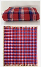 Vintage Wool Blanket Throw Red Blue Plaid 55 x 59 Fringe Cabin Lodge Country