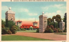 Entrance Swope Park Showing Shelter House Kansas City Missouri Vintage Postcard