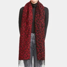 Steve Madden NWT Colorblock Leopard Print Blanket Scarf Fringe Red Black OS New