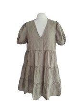 Zara Womens Sage Short Sleeve V-Neck Ruffle Mini Babydoll Smock Dress. Medium.