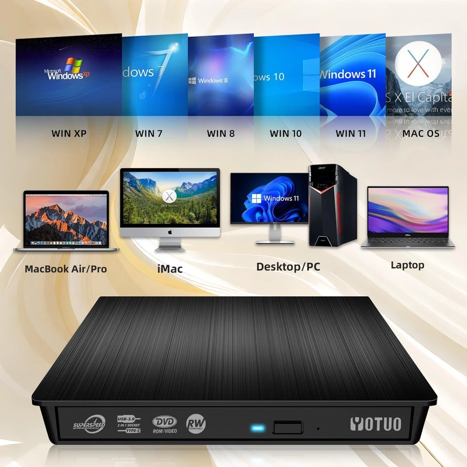 Unidad externa delgada de CD DVD RW USB 3.0 regrabadora grabadora reproductor negro para computadora portátil PC Foto 4 de 4