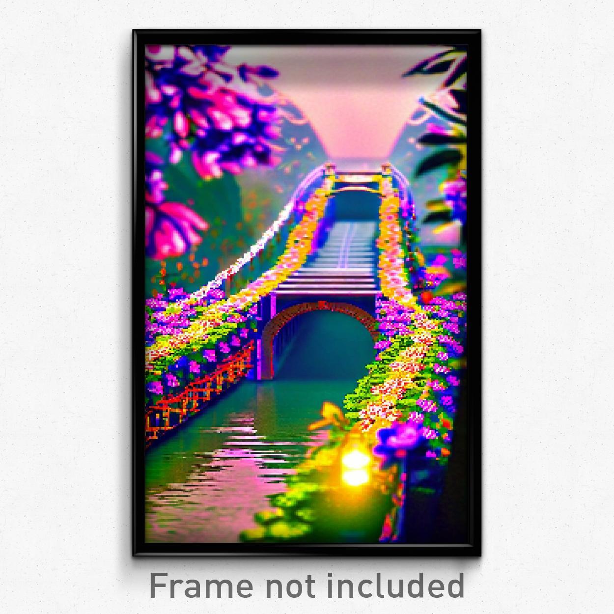 8 Bit Psychedelic Pixel Art Poster - Flowery Bridge Trippy Video Game Print