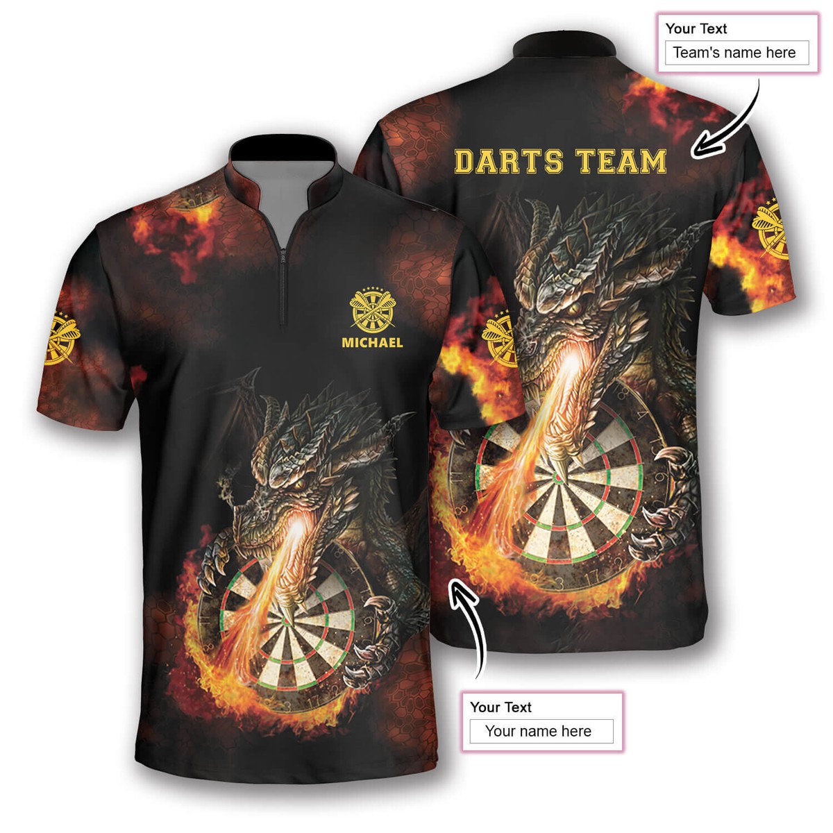 Fire Dragon Darts Jersey Custom Team&rsquo;s Name Sports Zip Sash Collar 