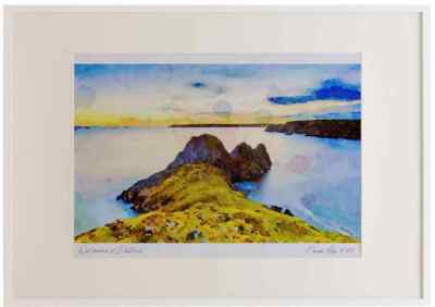Gower Peninsula Three Cliffs Bay A2 Aquarell limitierte Auflage Bild gerahmt