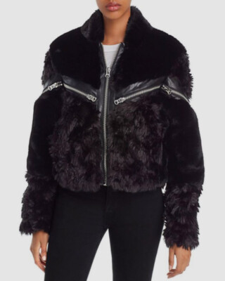 $595 The Kooples Women's Black Curly Zip Faux Fur Moto Jacket Coat
