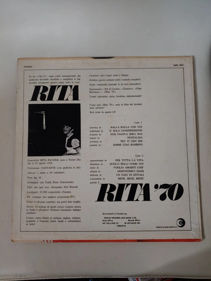 RITA - Rita Pavone - Bravo Records LP 1970 - SMRL 6067 - SIGNED COPY ! - Image 2 of 4