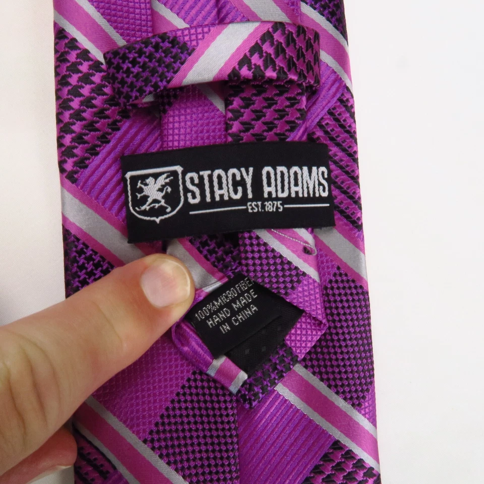 Stacy Adams Purple Check Plaid Diagonal Silver Stripe 58"x3.25" Sunday Best - Image 3 of 4
