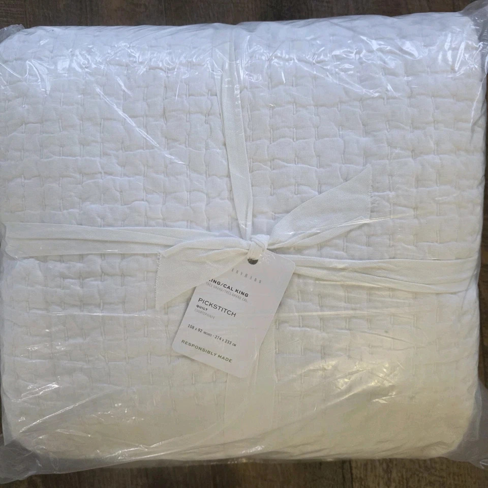Pottery Barn Pickstitch KING Cotton Quilt Classic White NEW - Image 2 of 4