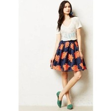 Anthropologie Maeve Navy Coral Floral Pome Blossom Embroidered Tulle Skirt sz 6