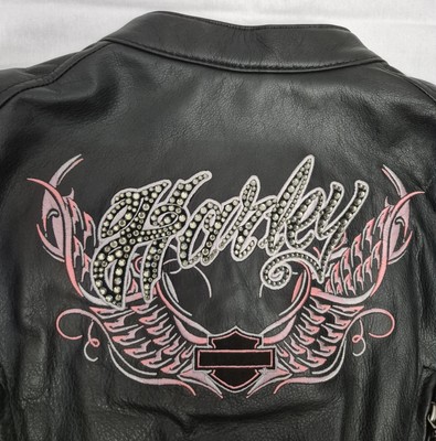 Women's Harley Davidson Black Leather Jacket & Chaps Set, Pink Logo & Rinestones