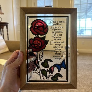 VTG Wood Framed Tiffany Stained Glass Beautiful Rose Wall/Window Art 