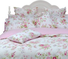 Rose Floral Duvet Cover Set Pink Grid Cotton Girls Bedding with Hidden Zipper