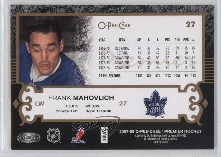 2007-08 O-Pee-Chee Premier Gold /75 Frank Mahovlich #27 HOF - Image 2 of 2