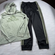 Boys 10/12 Adidas black and green track jogger pants  long sleeve hoodie shirt