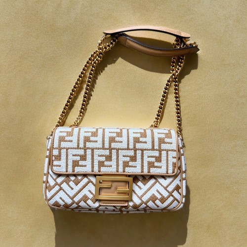 Fendi Tan and White Midi Chain Baguette FF Zucca Canvas Crossbody Shoulder Bag