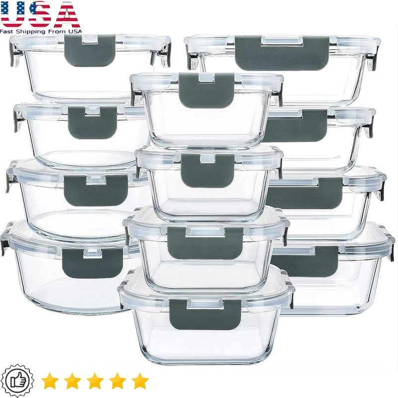 24-Piece Borosilicate Glass Food Storage Containers W/ Airtight Locking Lids New